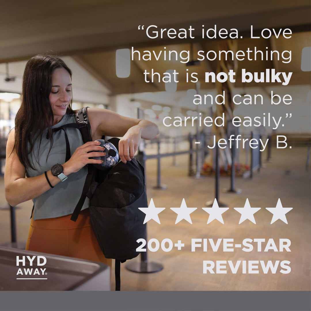 Woman holding a black bag with text and five-star rating on a blurred background