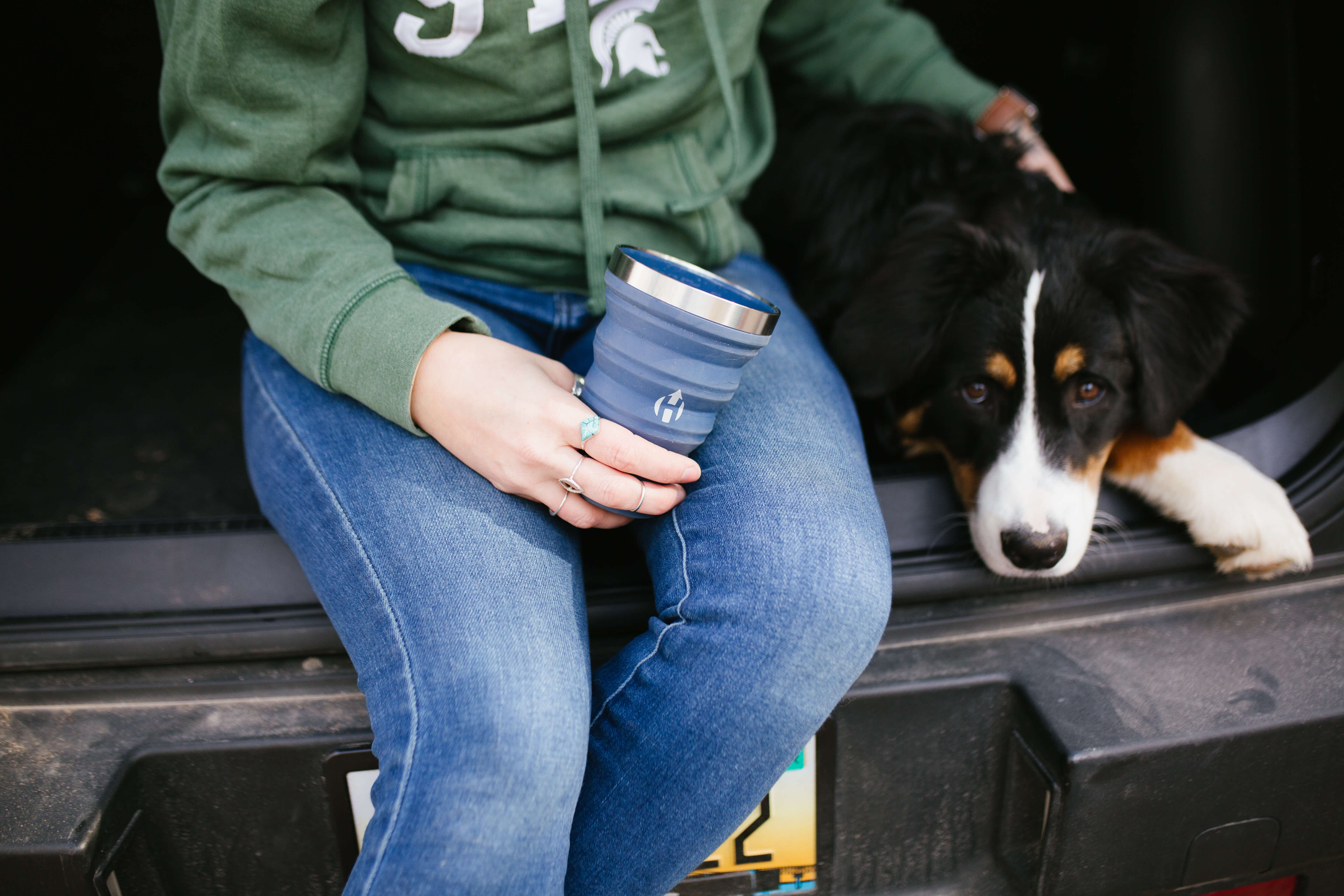 HYDAWAY collapsible pint cup is a 16oz (473ml) silicone beer cup and reusable drinkware with a stainless steel rim cup design that folds into a pocket pint glass, making it a foldable camping cup, travel drink cup, and festival cup as a BPA free collapsible cup and eco friendly pint.